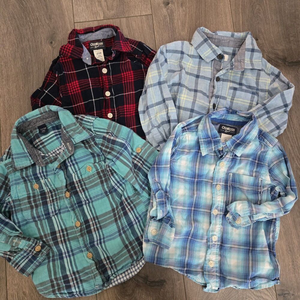 Toddler Boys 2T Plaid Cotton Shirt Lot of 4 OshKosh Baby Gap Cat Jack Button up